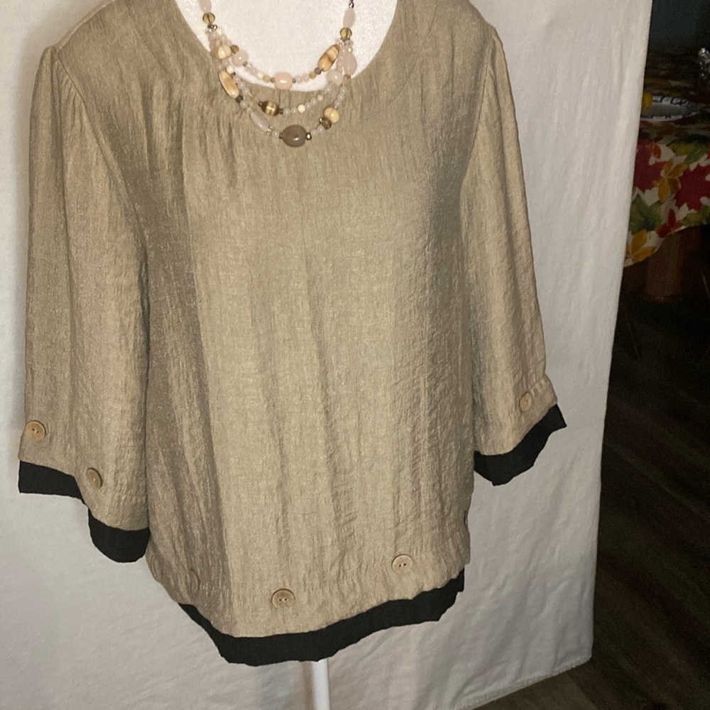 Vintage Norm Thompson Shimmer Tan Black Top 3/4 Sleeve Loose Fit Size MP